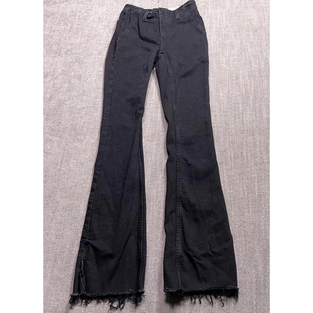 Free People We The Free Level Up Slit Bootcut Jeans Women 24 Black Denim Raw Hem